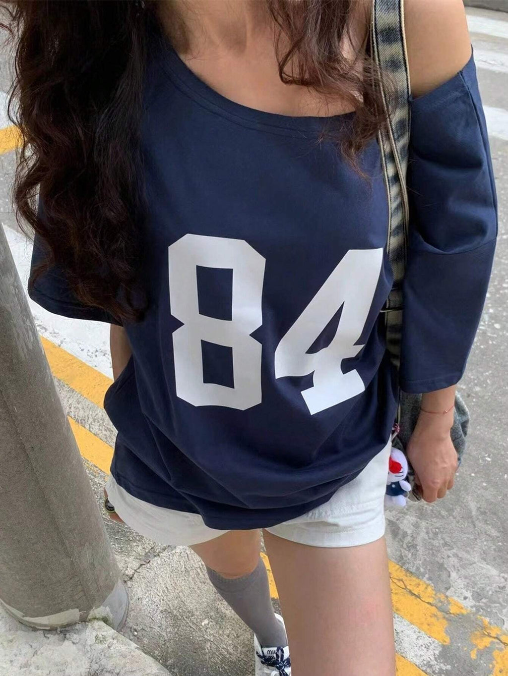 Numeric Print Asymmetric Collar Loose Casual T-Shirt, Summer Graphic Tees