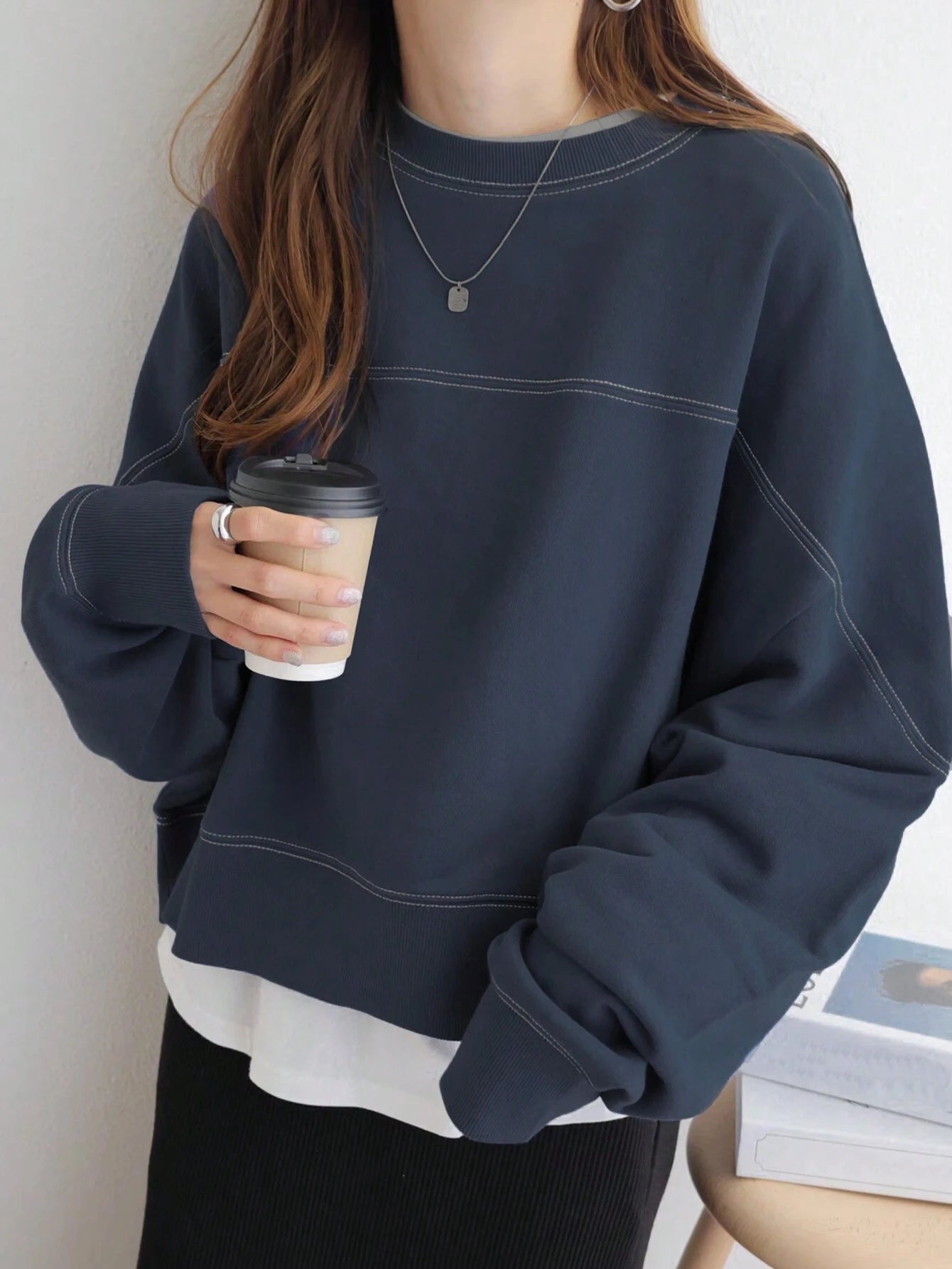 Round Neck Contrast Color Loose Oversized Pullover Sweatshirt, Autumn & Winter