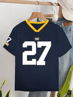V-Neck Short Sleeve Casual Letter & Number Print Loose