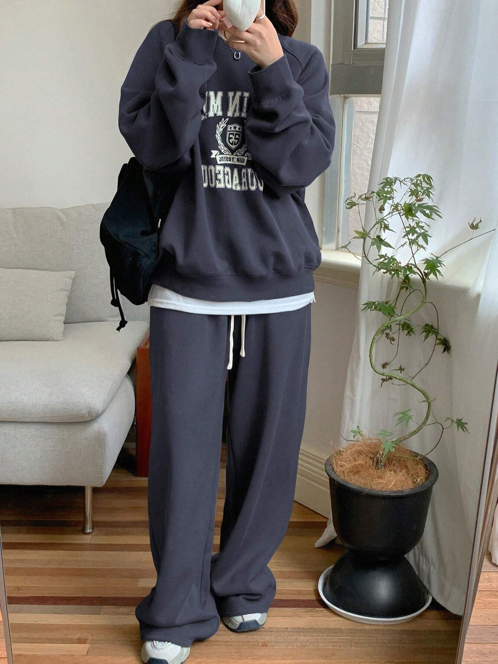 Casual Letter Printed Crew Neck Raglan Sleeve Sweatshirt And Sweatpants Set