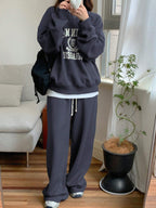 Casual Letter Printed Crew Neck Raglan Sleeve Sweatshirt And Sweatpants Set