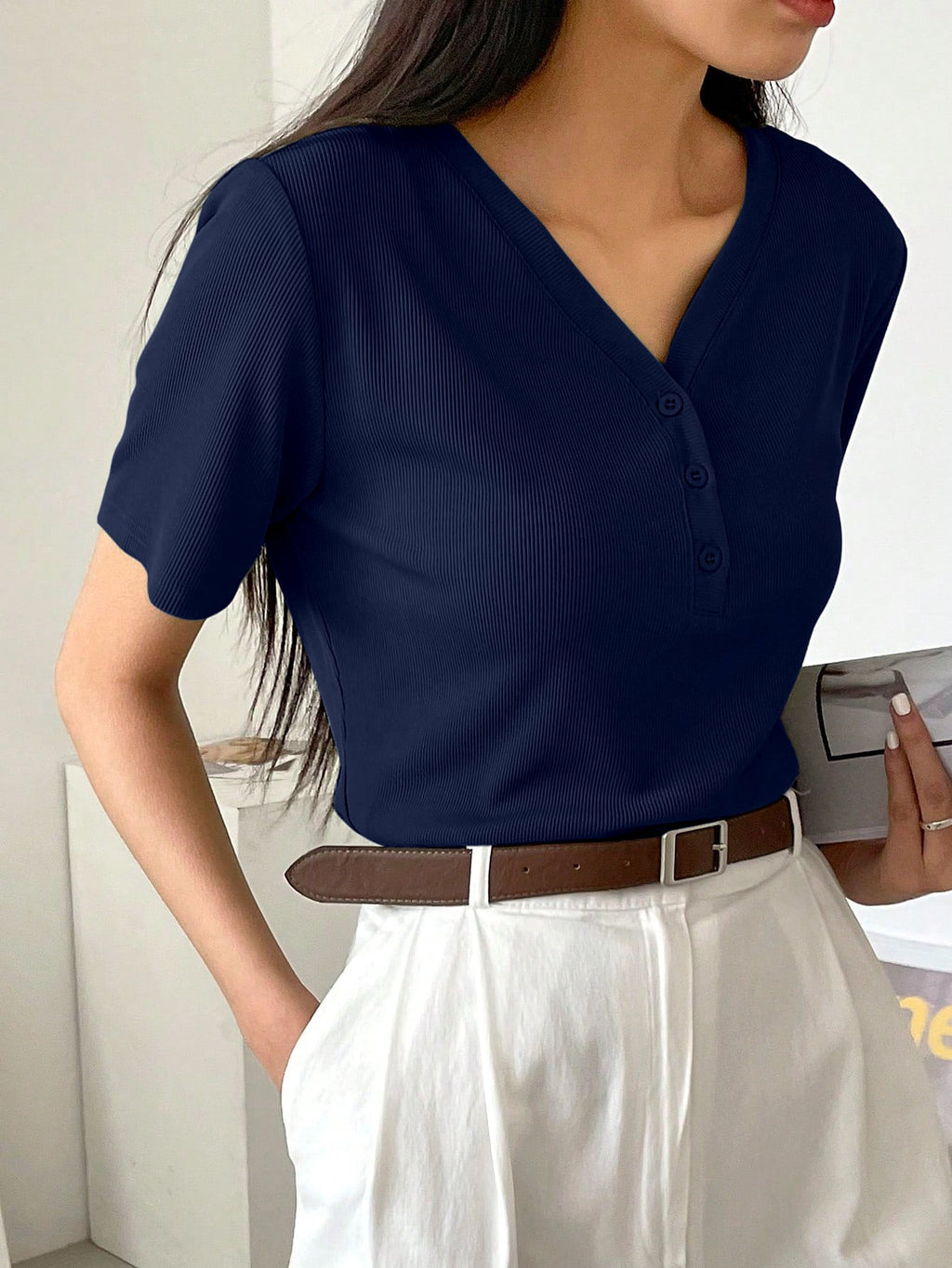 Less Solid Rib Knit Button Front Tee Old Money Style