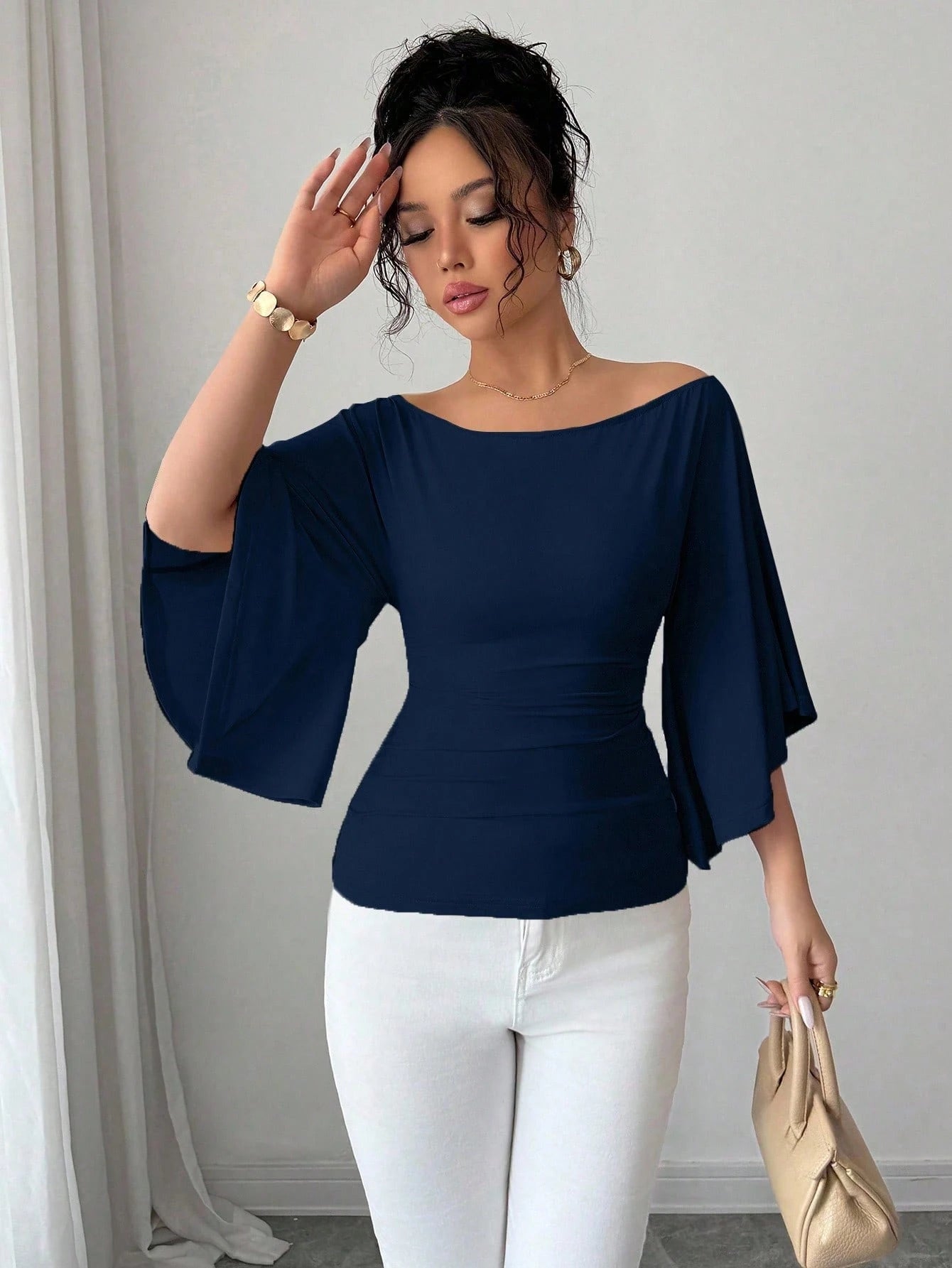 Solid Color Boat Neck Flare Sleeve Knit Fashion T-Shirt
