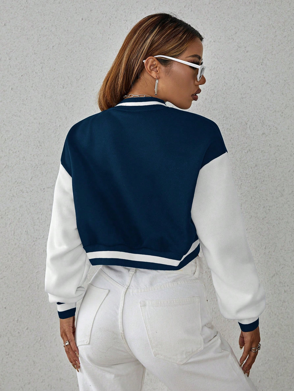 Drop Shoulder Two Tone Crop Varsity Jacket Fall Winter Cloth For Women