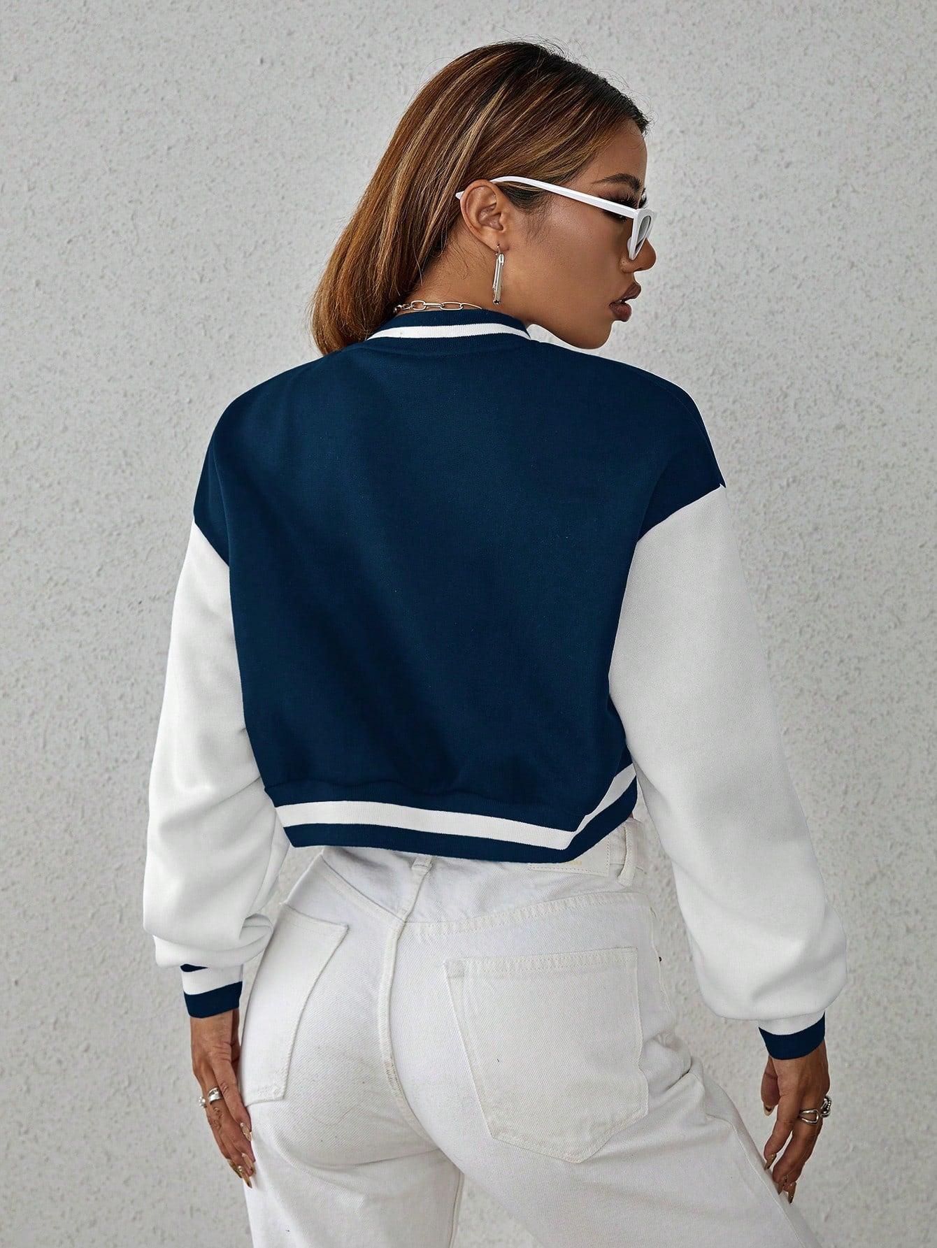 Drop Shoulder Two Tone Crop Varsity Jacket Fall Winter Cloth For Women