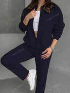 Solid Color Minimalist Hoodie Jacket Top And Straight Leg Pants, Fashion Outfit