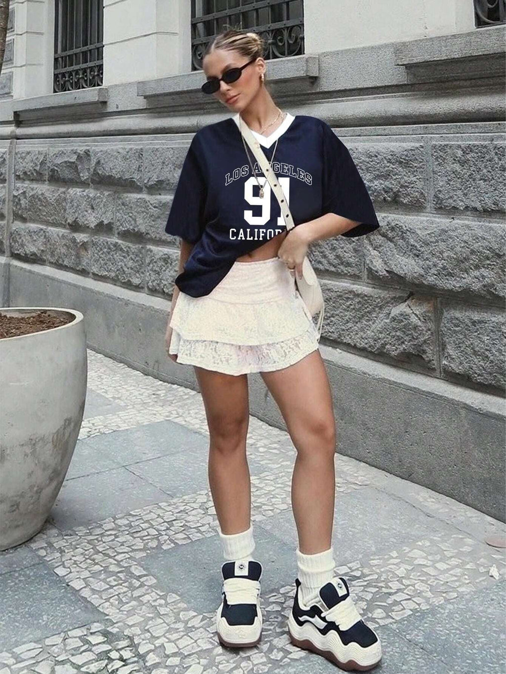 European Cup Number Printed Loose V-Neck T-Shirt, Street Style Sports Slogan