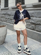 European Cup Number Printed Loose V-Neck T-Shirt, Street Style Sports Slogan