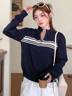 Color Block Striped High Neck Long Sleeve Zip Up Cardigan For Women,Fall Women Clothes Jacket