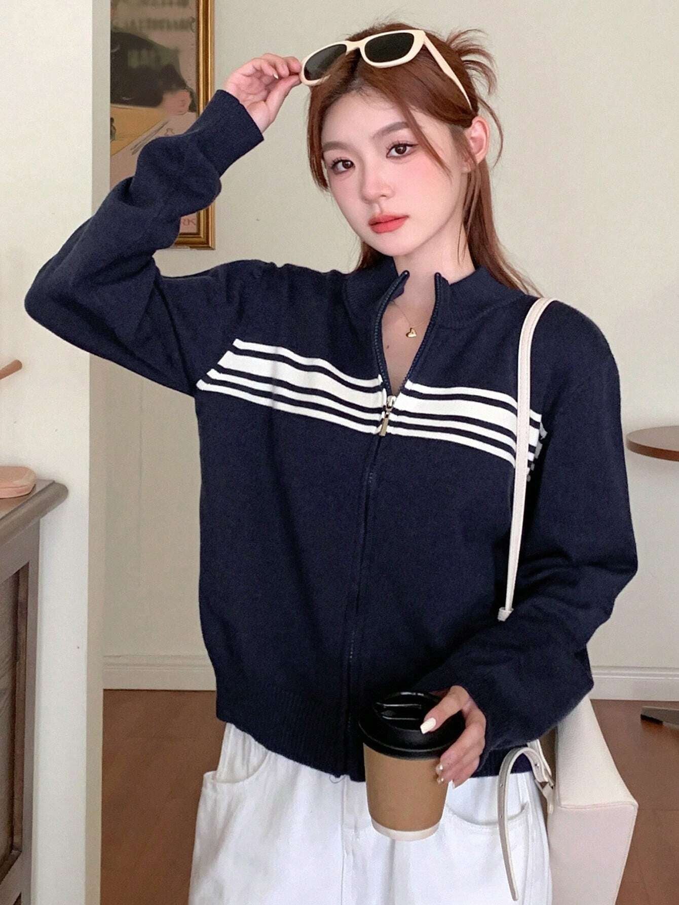 Color Block Striped High Neck Long Sleeve Zip Up Cardigan For Women,Fall Women Clothes Jacket