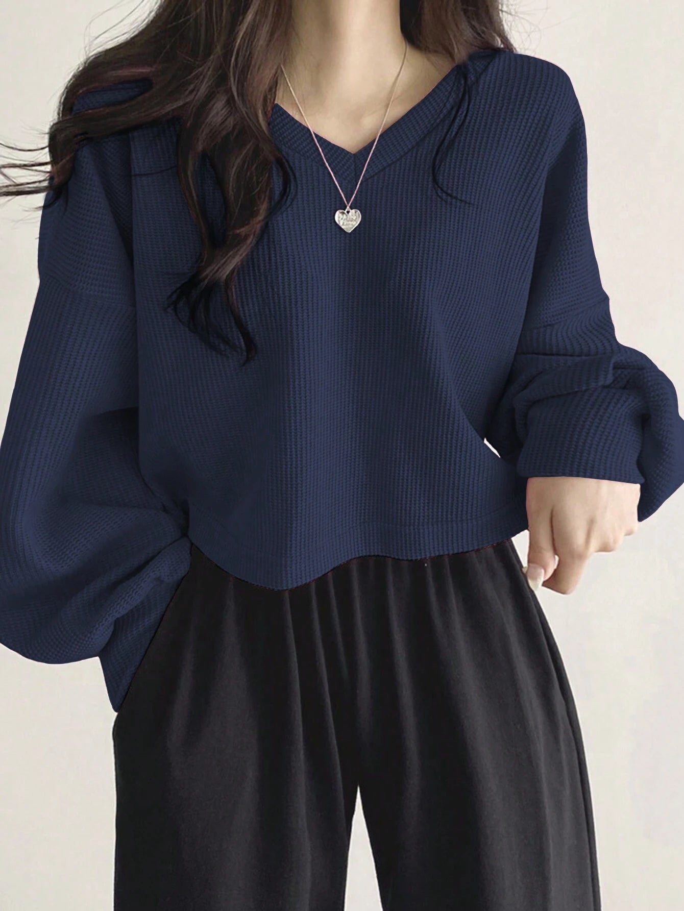 Solid Color V-Neck Dropped Shoulder Long Sleeve Loose Casual T-Shirt