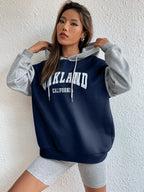 Letter Graphic Colorblock Drop Shoulder Drawstring Thermal Hoodie, Long Sleeve