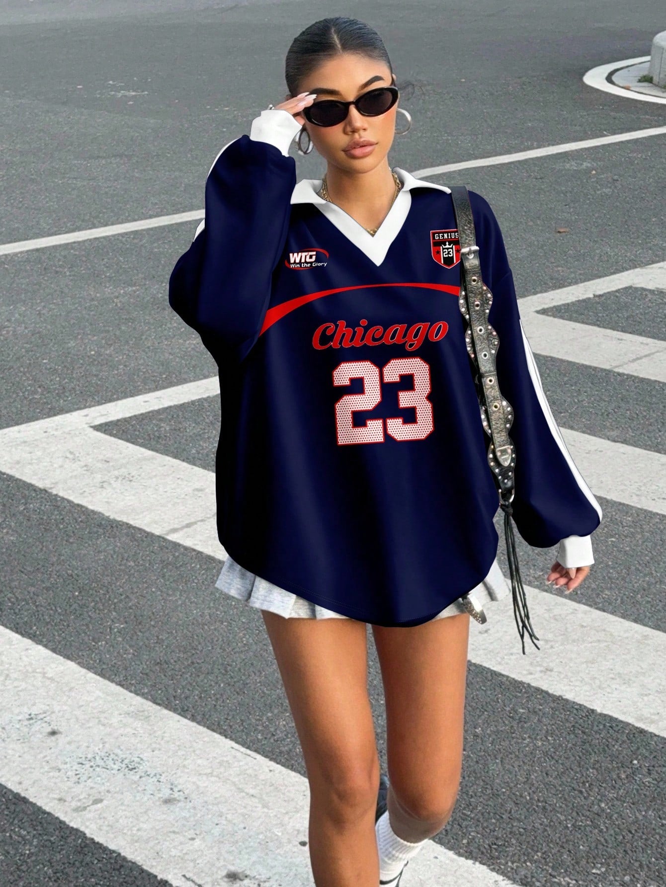 Casual Contrast Color Polo Collar Long Sleeve Loose T-Shirt