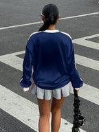 New Letter Print Colorblock Long Sleeve Casual T-Shirt