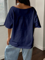 Letter Print Off-Shoulder Short Sleeve Casual Loose T-Shirt Graphic Tees