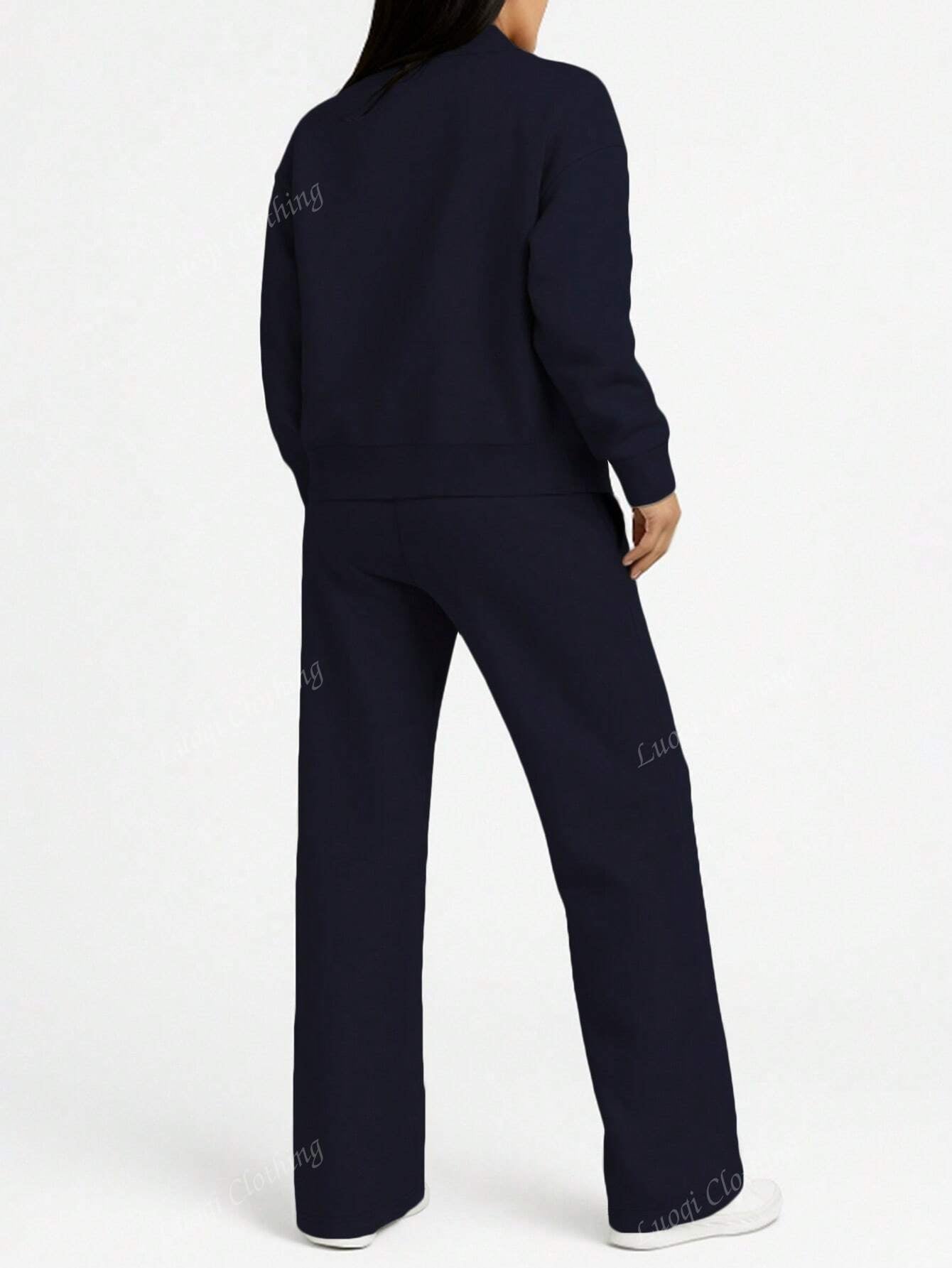 Solid Color Minimalist Hoodie Jacket Top And Straight Leg Pants, Fashion Outfit