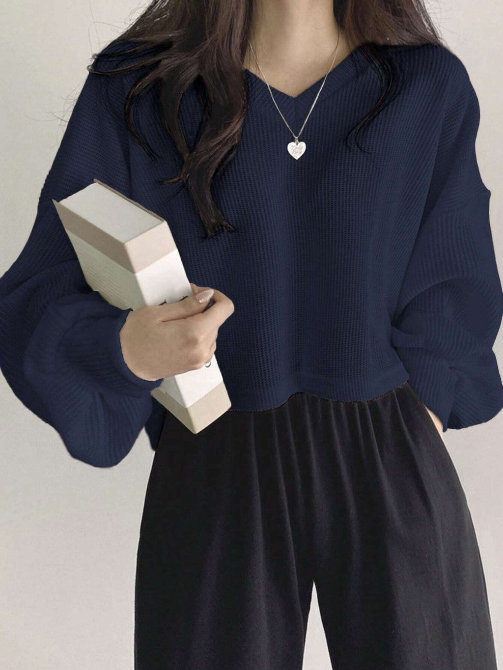 Solid Color V-Neck Dropped Shoulder Long Sleeve Loose Casual T-Shirt