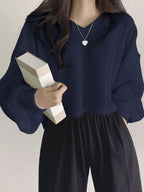 Solid Color V-Neck Dropped Shoulder Long Sleeve Loose Casual T-Shirt