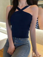 Striped Halter Neck Fitted Knit Top