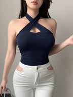 Solid Color Wrapped Halter Neck Slim Fit Tank Top Summer