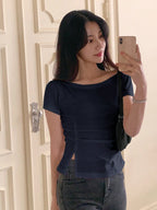 Solid Color Short Sleeve Ruched Side Split Bodycon Waist T-Shirt