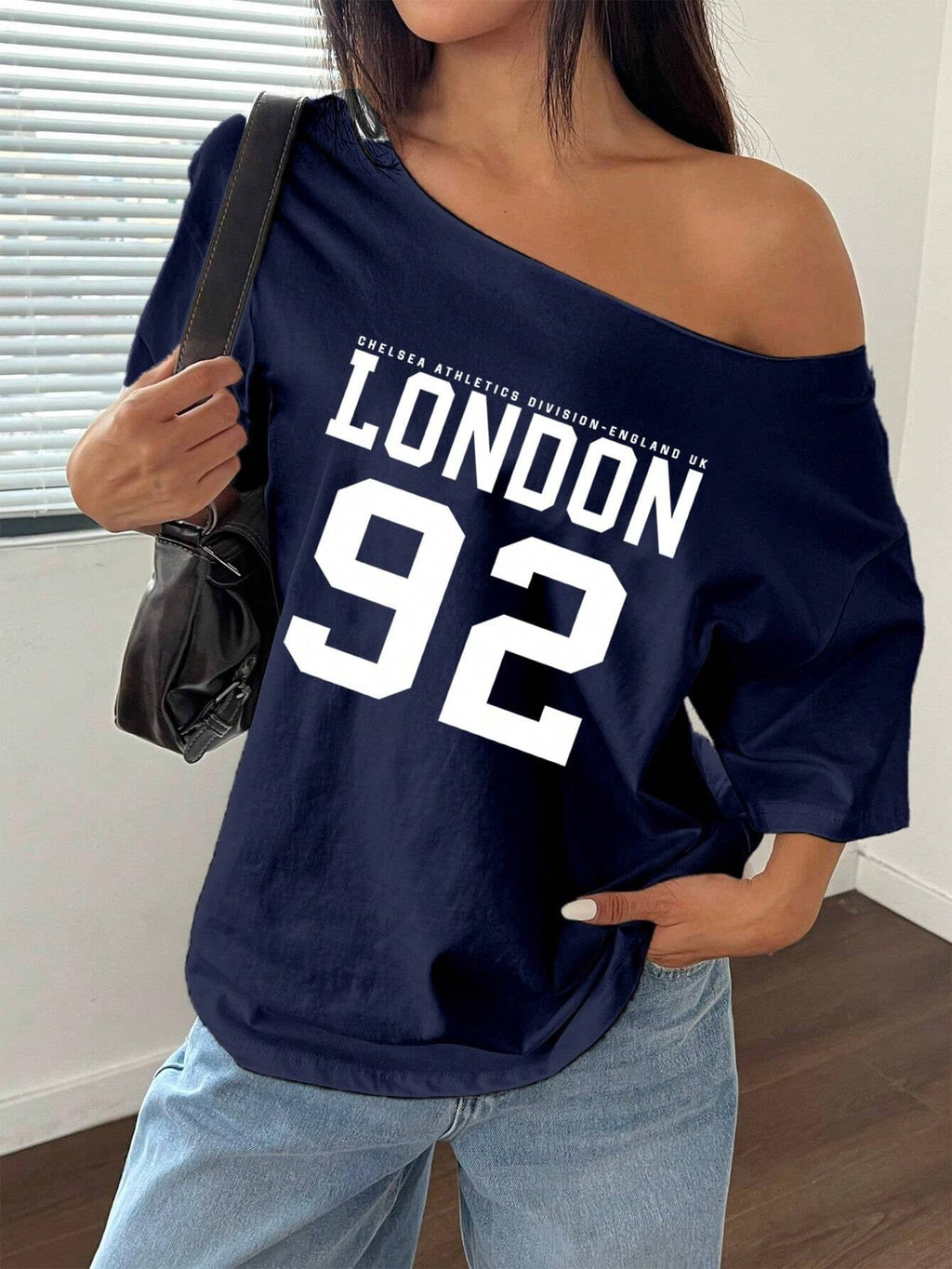 Letter Print Off-Shoulder Short Sleeve Casual Loose T-Shirt Graphic Tees