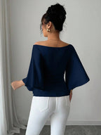 Solid Color Boat Neck Flare Sleeve Knit Fashion T-Shirt