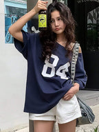 Numeric Print Asymmetric Collar Loose Casual T-Shirt, Summer Graphic Tees