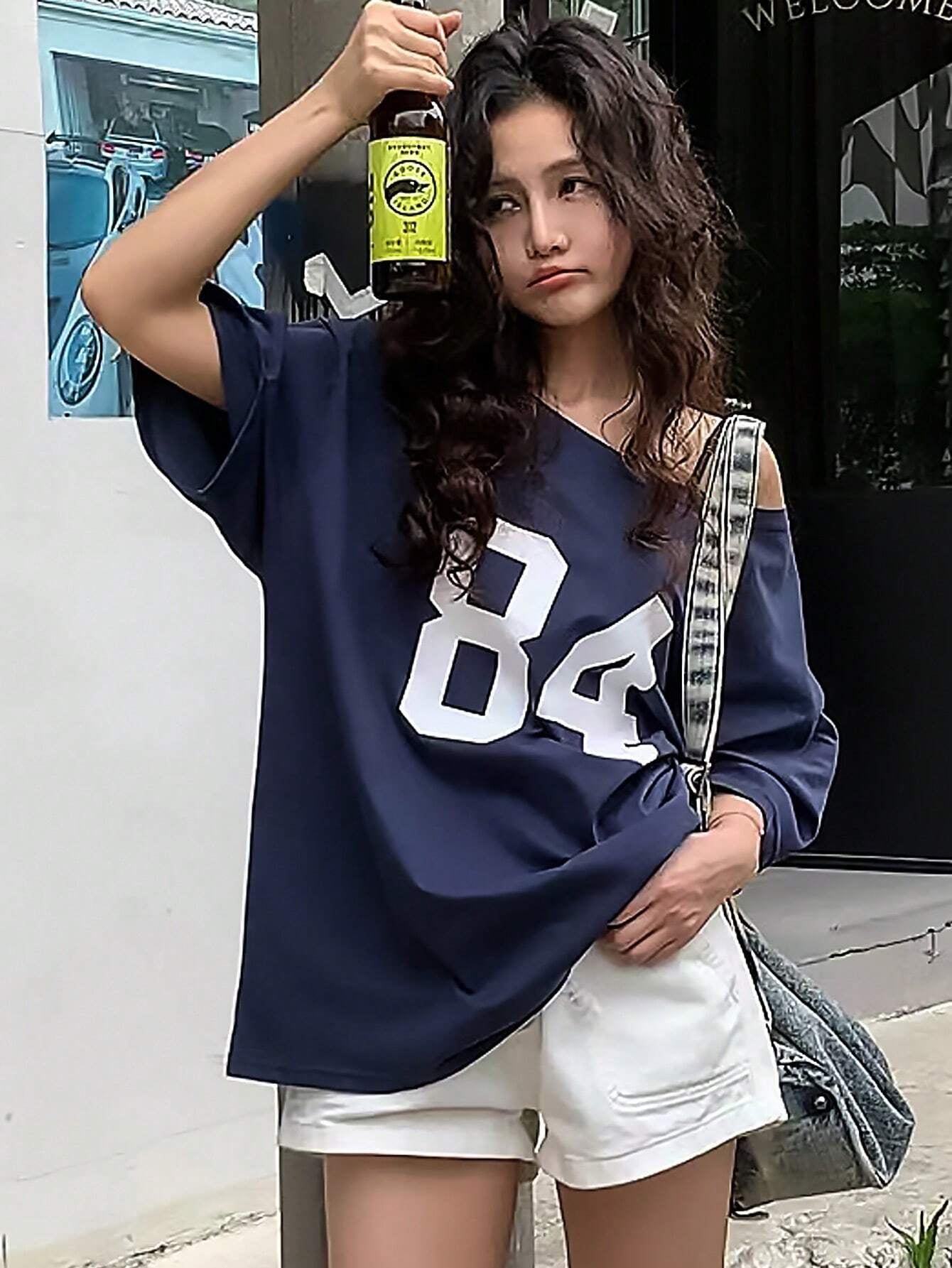 Numeric Print Asymmetric Collar Loose Casual T-Shirt, Summer Graphic Tees