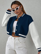 Drop Shoulder Two Tone Crop Varsity Jacket Fall Winter Cloth For Women