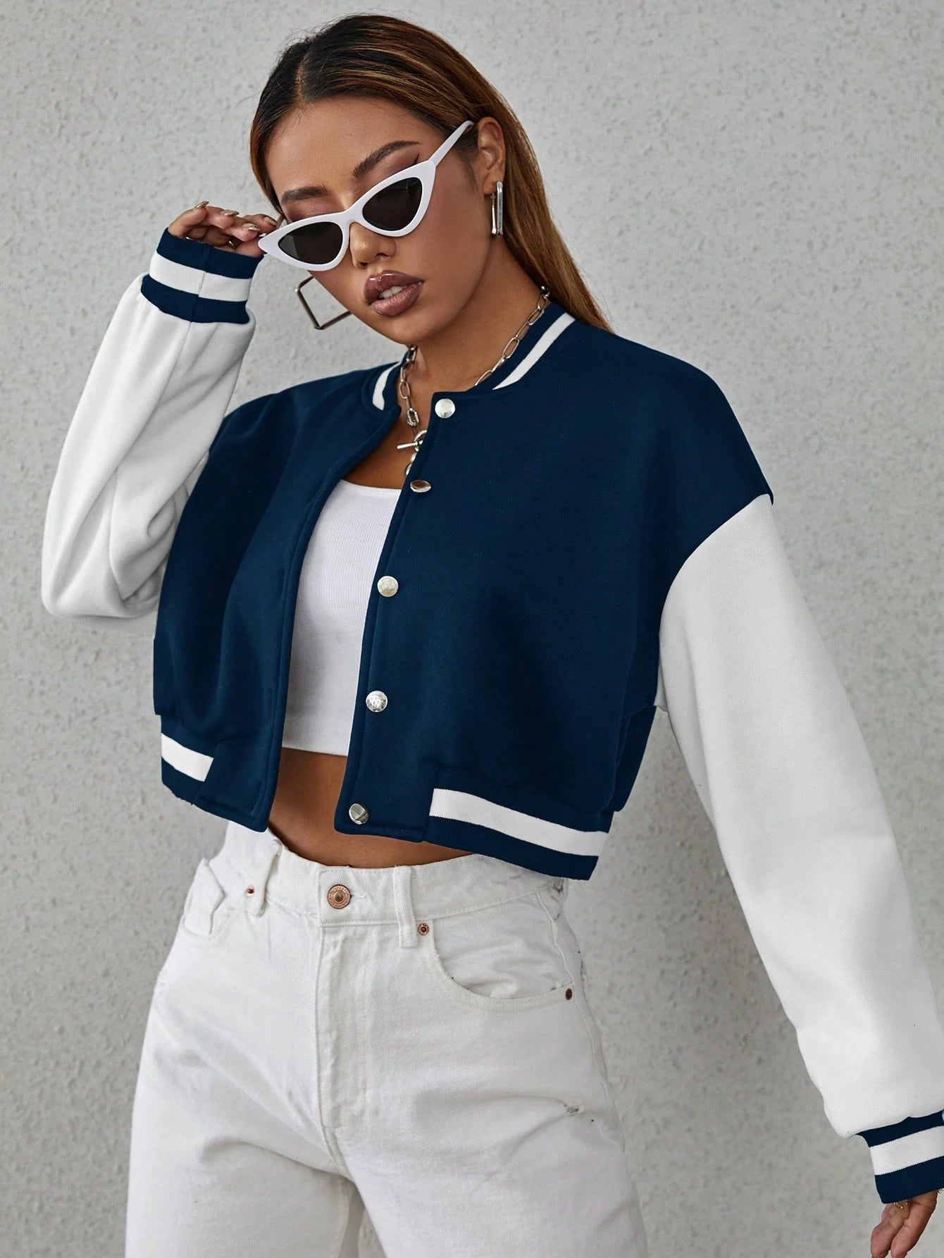 Drop Shoulder Two Tone Crop Varsity Jacket Fall Winter Cloth For Women