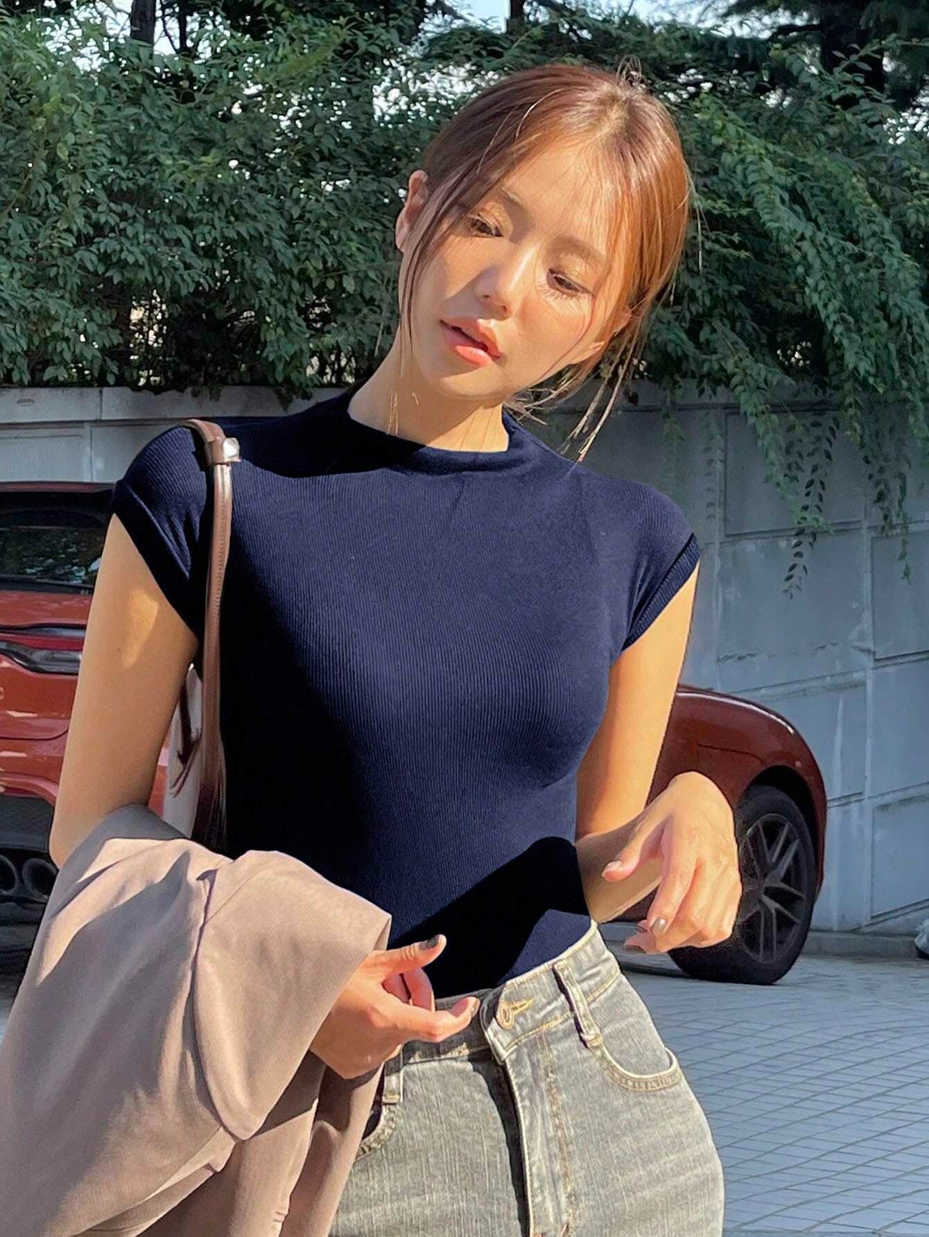 Solid Color Bat Sleeve T-Shirt
