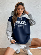 Letter Graphic Colorblock Drop Shoulder Drawstring Thermal Hoodie, Long Sleeve