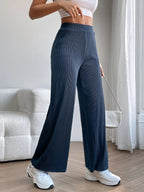 Solid Ribbed Knit Wide Leg Pants