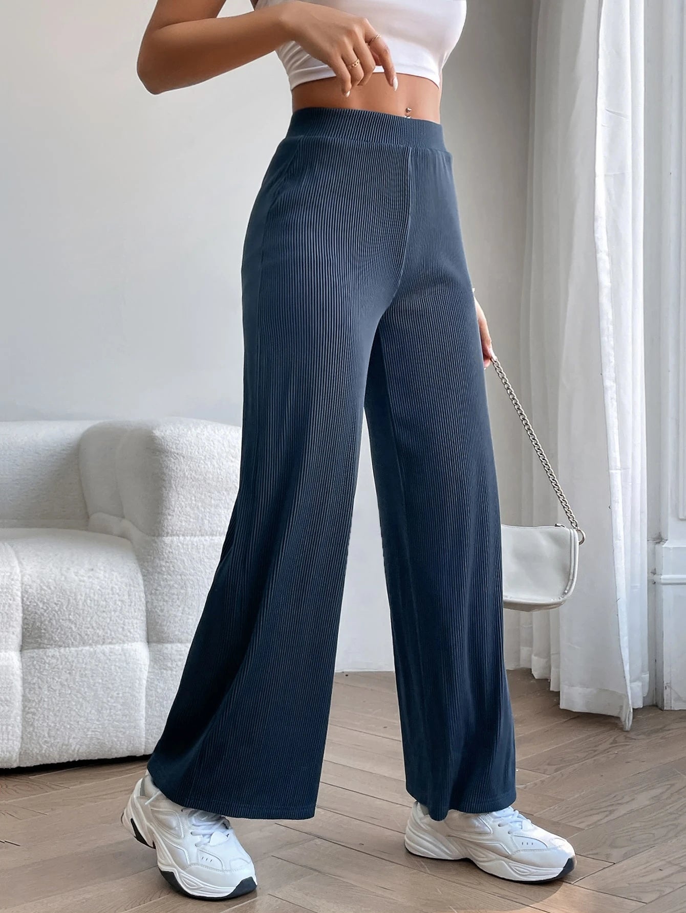 Solid Ribbed Knit Wide Leg Pants