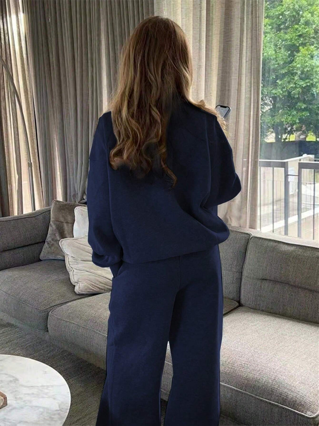 Solid Color Zipper Half Placket Dropped Shoulder Long Sleeve Sweatshirt And Loose Casual Pants 2 Pieces Set