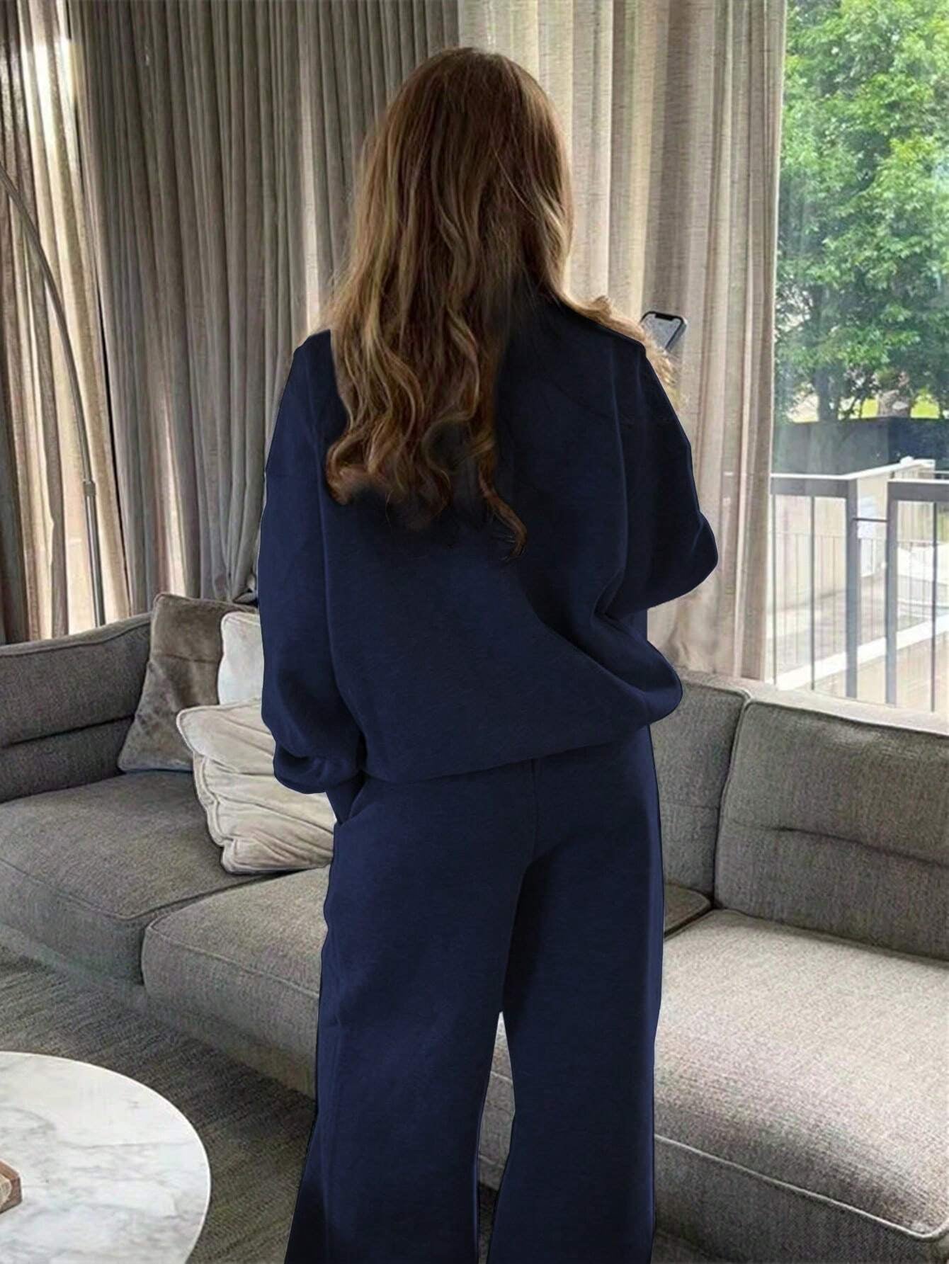 Solid Color Zipper Half Placket Dropped Shoulder Long Sleeve Sweatshirt And Loose Casual Pants 2 Pieces Set