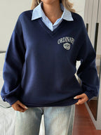 Letter & Stripe Print Patchwork Thermal Lined Sweatshirt