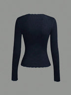 Solid Color Split Half-Length Long-Sleeved Round Neck New Women's Top