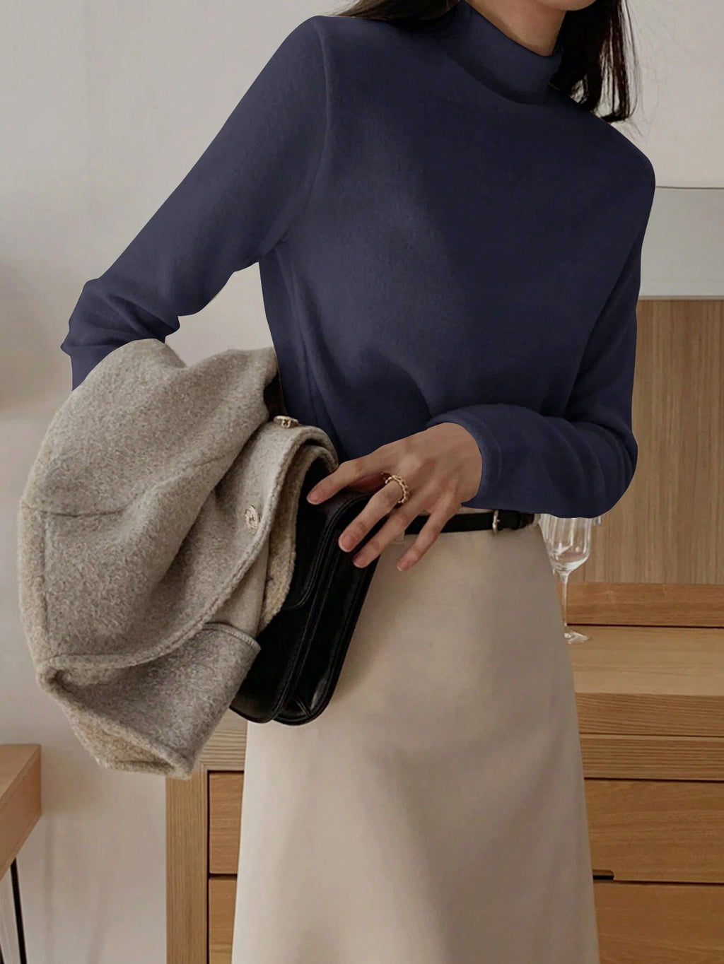 Stand Collar Solid Color T-Shirt Long Sleeve Women Tops