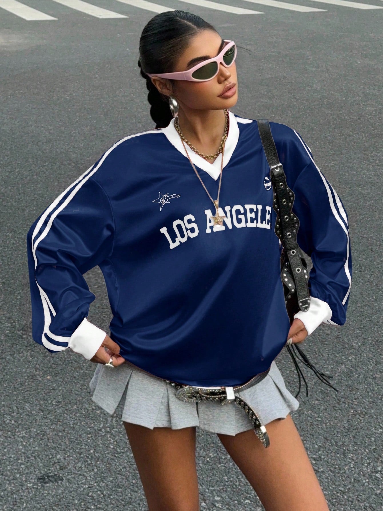 New Letter Print Colorblock Long Sleeve Casual T-Shirt