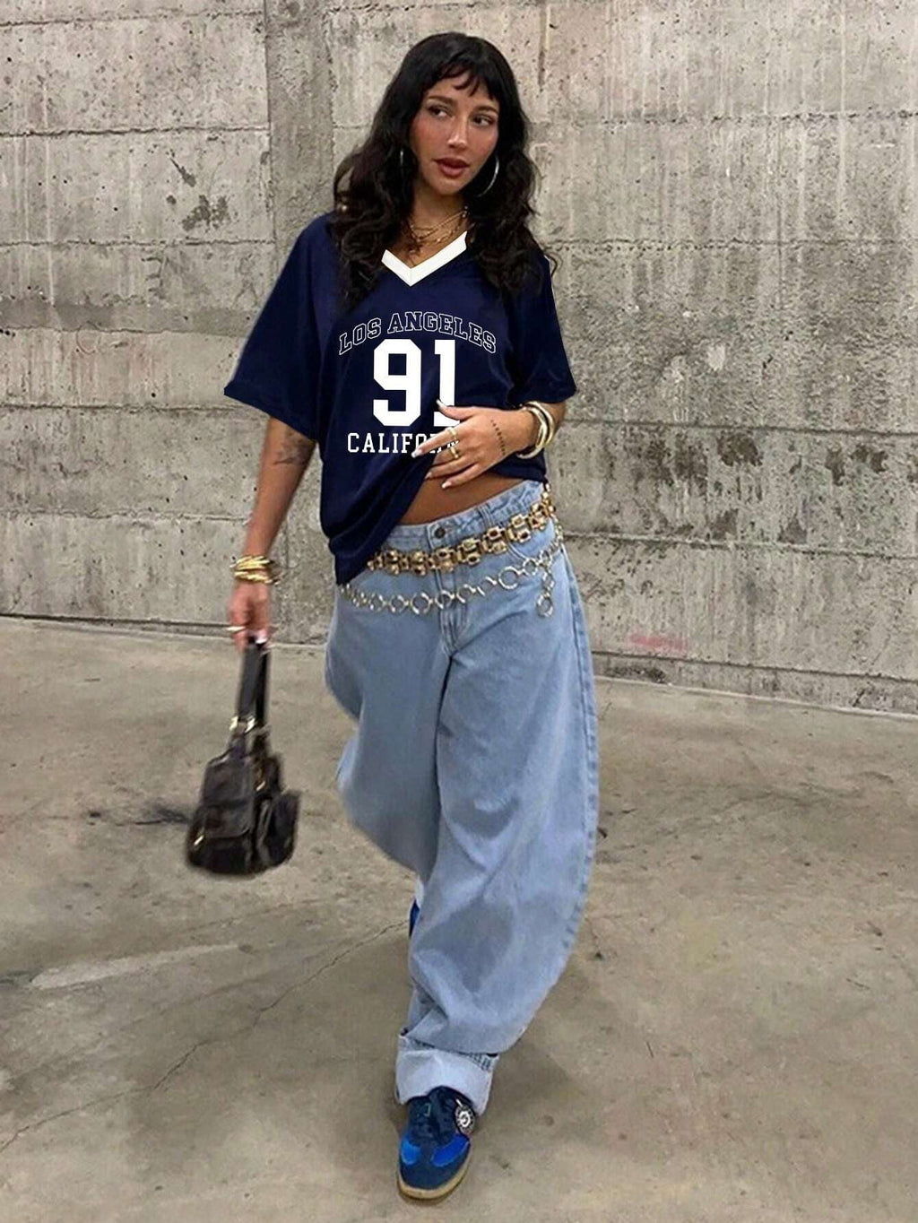 European Cup Number Printed Loose V-Neck T-Shirt, Street Style Sports Slogan