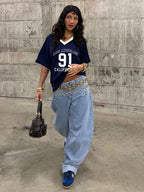 European Cup Number Printed Loose V-Neck T-Shirt, Street Style Sports Slogan