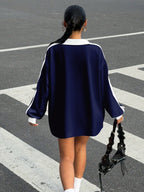 Casual Contrast Color Polo Collar Long Sleeve Loose T-Shirt