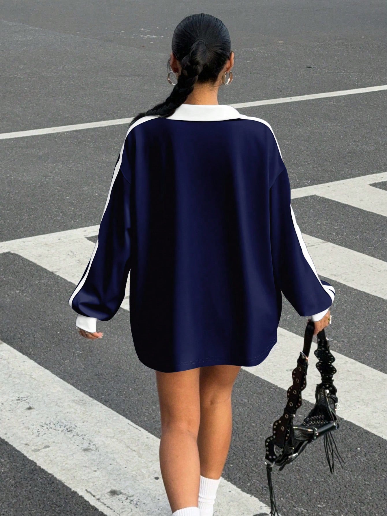 Casual Contrast Color Polo Collar Long Sleeve Loose T-Shirt