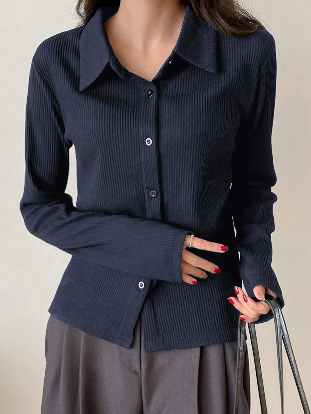 Ribbed Button-Up Shirt - Long Sleeve Collared Knit Blouse, Slim Fit Casual Top