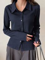 Ribbed Button-Up Shirt - Long Sleeve Collared Knit Blouse, Slim Fit Casual Top