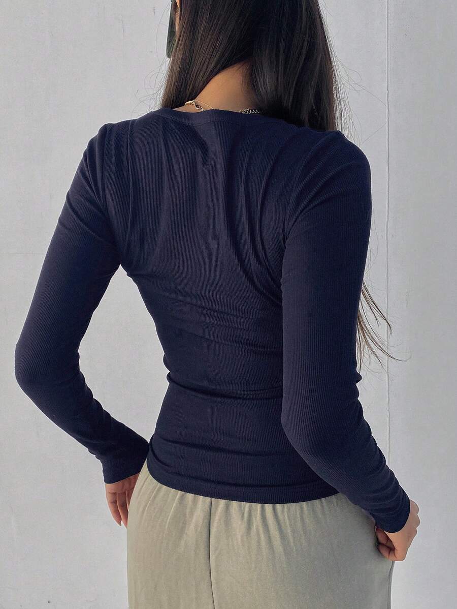 Solid Color Ribbed Slim Fit Long Sleeve T-Shirt