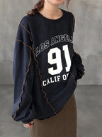 Round Neck Contrast Stitching Wavy Hem Letter Print Sporty Long Sleeve Street T-Shirt, Autumn