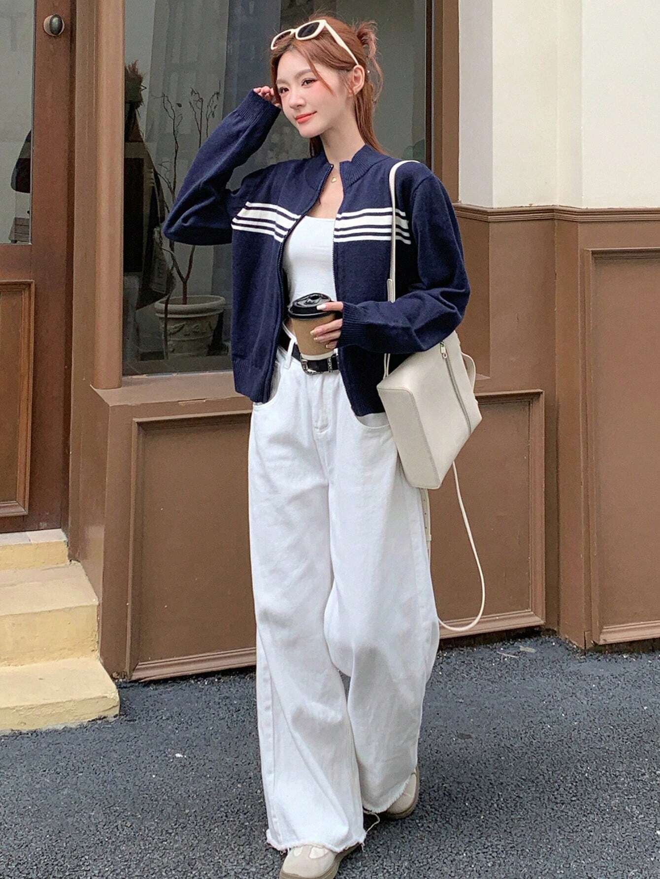 Color Block Striped High Neck Long Sleeve Zip Up Cardigan For Women,Fall Women Clothes Jacket